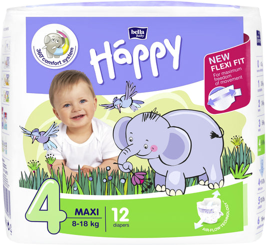 Happy Maxi (8-18kg) 12 pcs diapers, 4 sizes