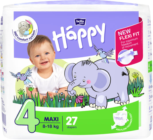Happy Maxi (8-18kg) 27pcs diapers, 4 sizes