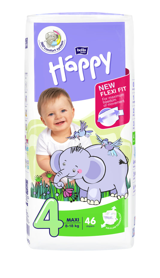 Happy Maxi (8-18kg) 46 pcs diapers, 4 sizes