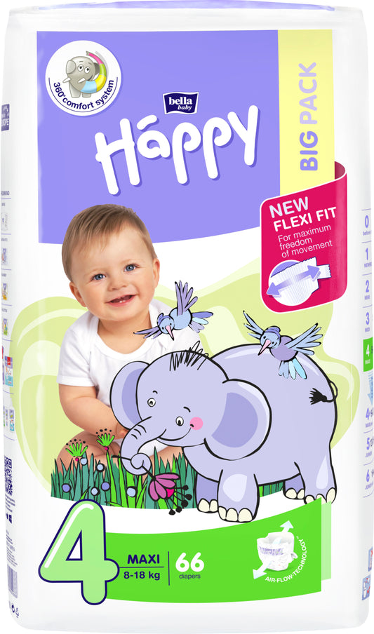 Happy Maxi (8-18kg) 66 pcs diapers, 4 sizes