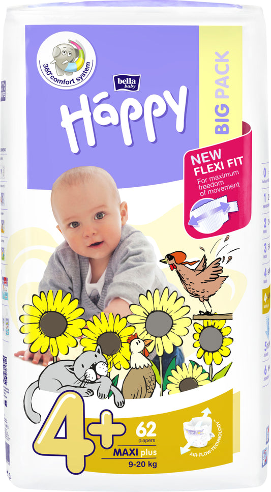HAPPY MAXI PLUS diapers, size 4+ (9-20 kg) 62 pcs.