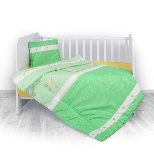 Lorelli Bed linen set of 5+1 parts with blanket and pillow + Bed sideboard Little Ducks Green