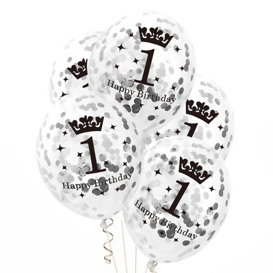 Balloons with silver confetti for one year, 1st birthday, 30cm, 100 pcs.