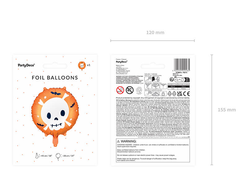 Skull foil balloon, Halloween, orange, 45 cm