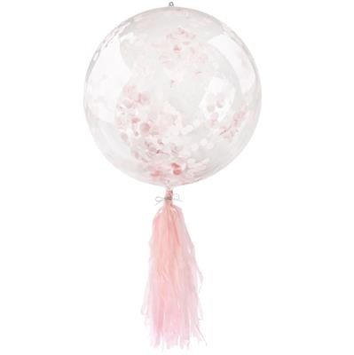 Transparent balloon with pink and red confetti and fringe, 45 cm