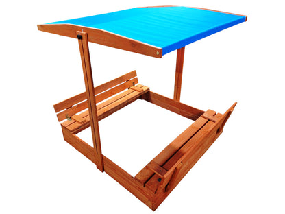 Wooden sandbox for children with adjustable roof and benches 120x120 cm