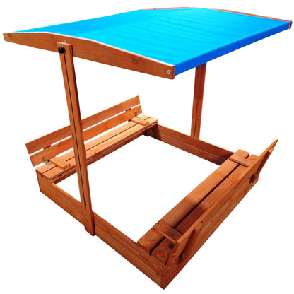 Wooden sandbox for children with adjustable roof and benches 120x120 cm